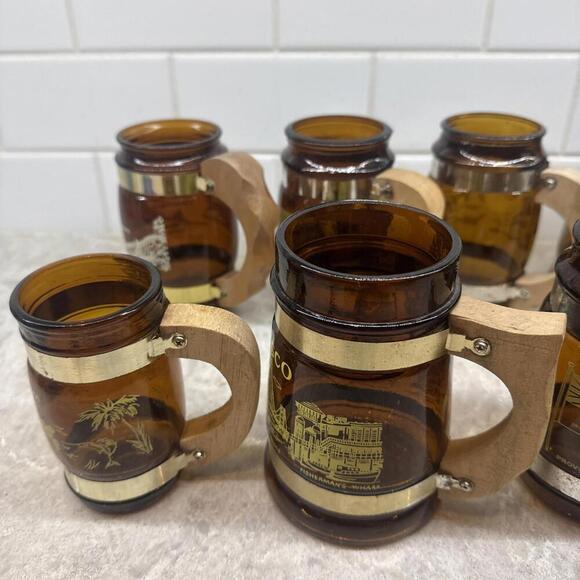 Lot of 9 Vintage Siesta Ware Souvenier Brown Barrel Glass Mugs w Wood Handles - Picture 9 of 13